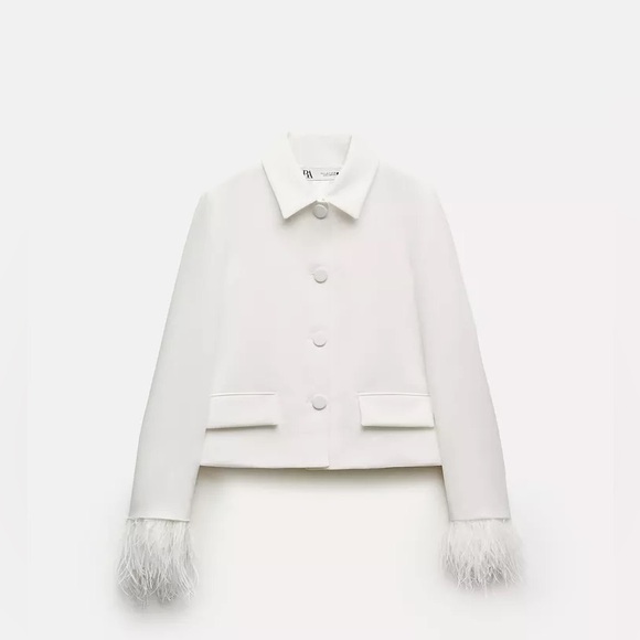 Zara white Blazer With Feathers Feather Cuffs Suit Jacket office business - Picture 9 of 14